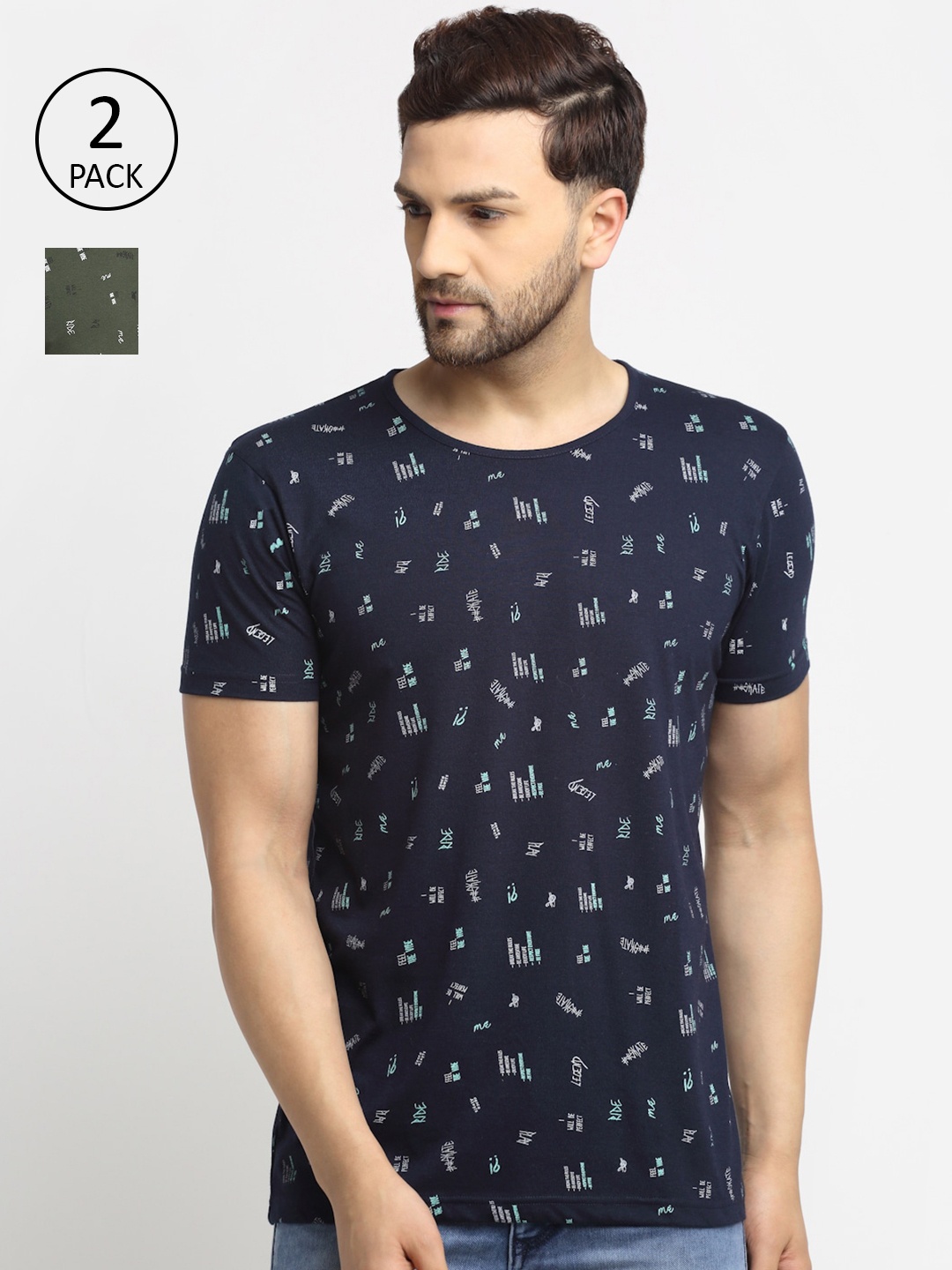

VIMAL JONNEY Men Navy Blue & Olive Green Pack Of 2 Printed T-shirt
