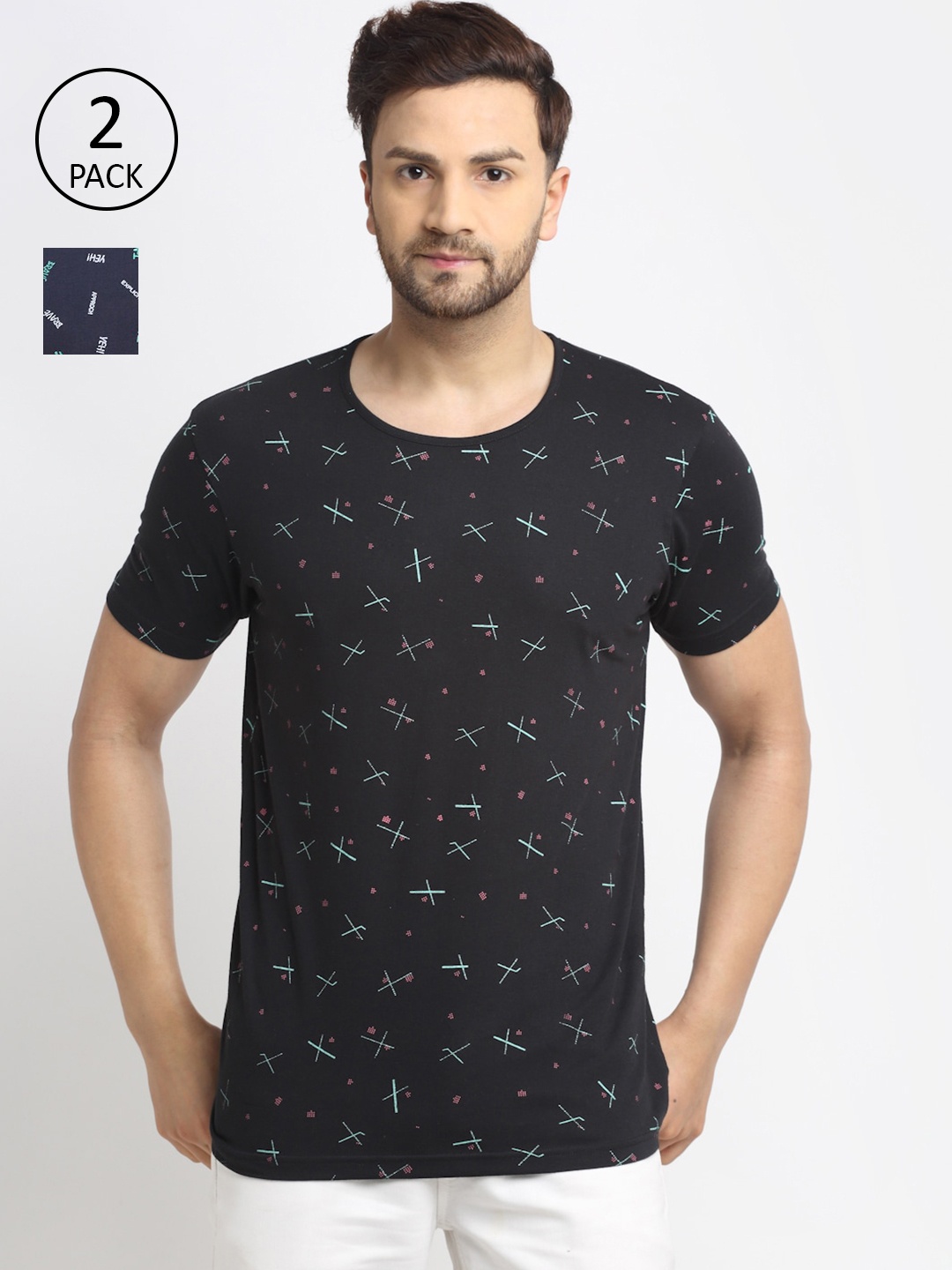 

MACK JONNEY Men Black & Navy Blue Set Of 2 Printed T-shirt
