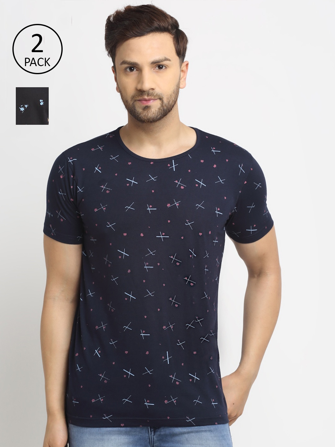 

MACK JONNEY Men Set Of 2 Navy Blue & Black 2 Printed T-shirt