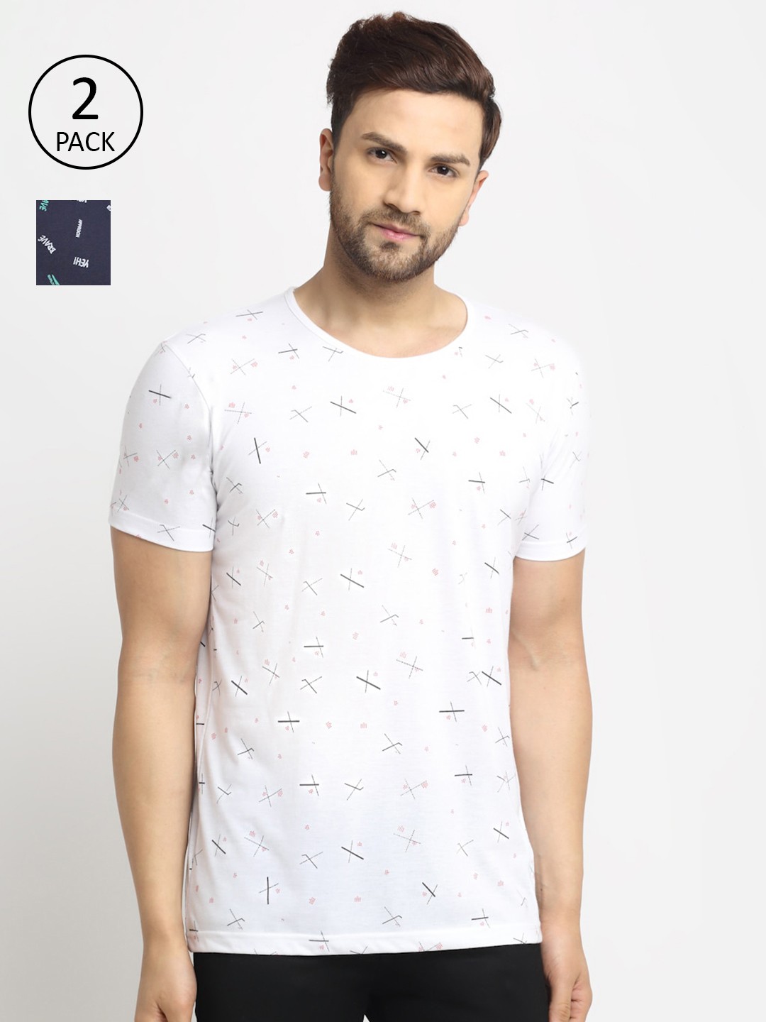 

MACK JONNEY Men White & Navy Blue Set Of 2 Printed T-shirt