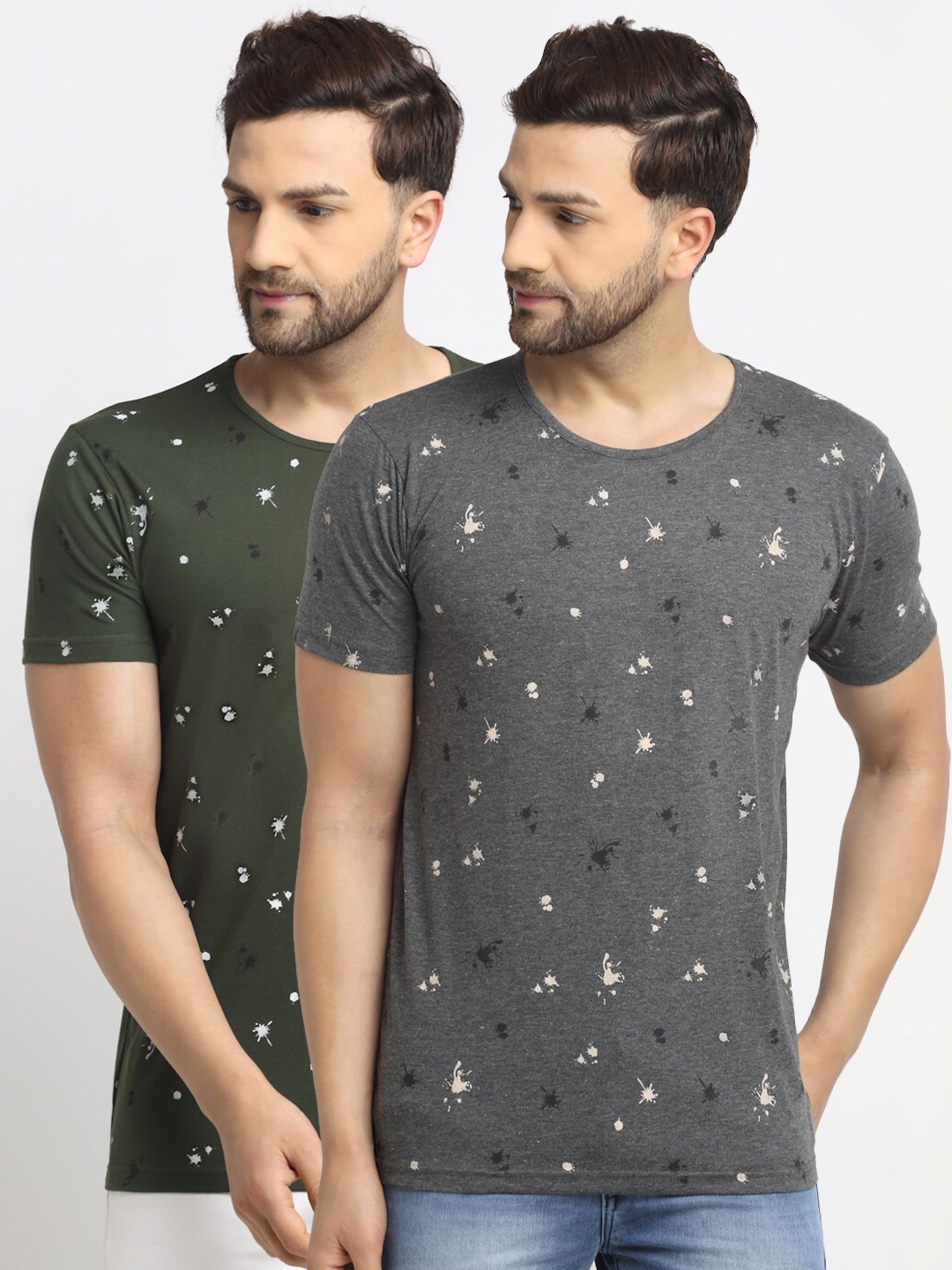 

MACK JONNEY Men Set Of 2 Grey & Olive Green Printed T-shirt