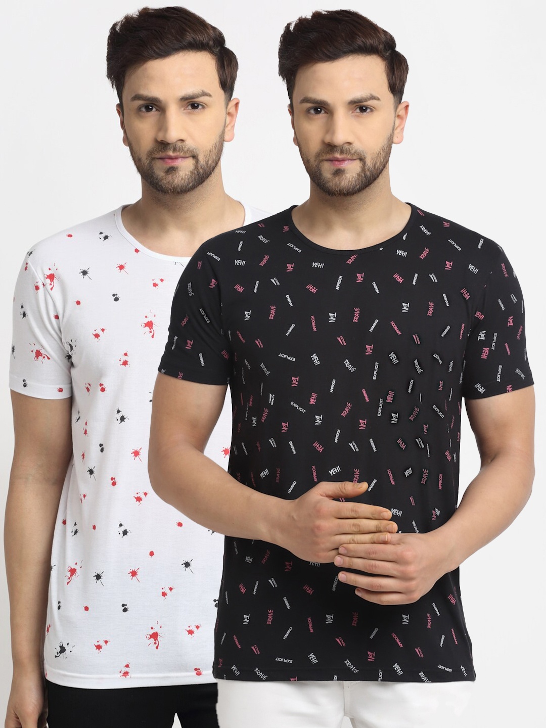 

MACK JONNEY Men Black & White Set Of 2 Printed T-shirt