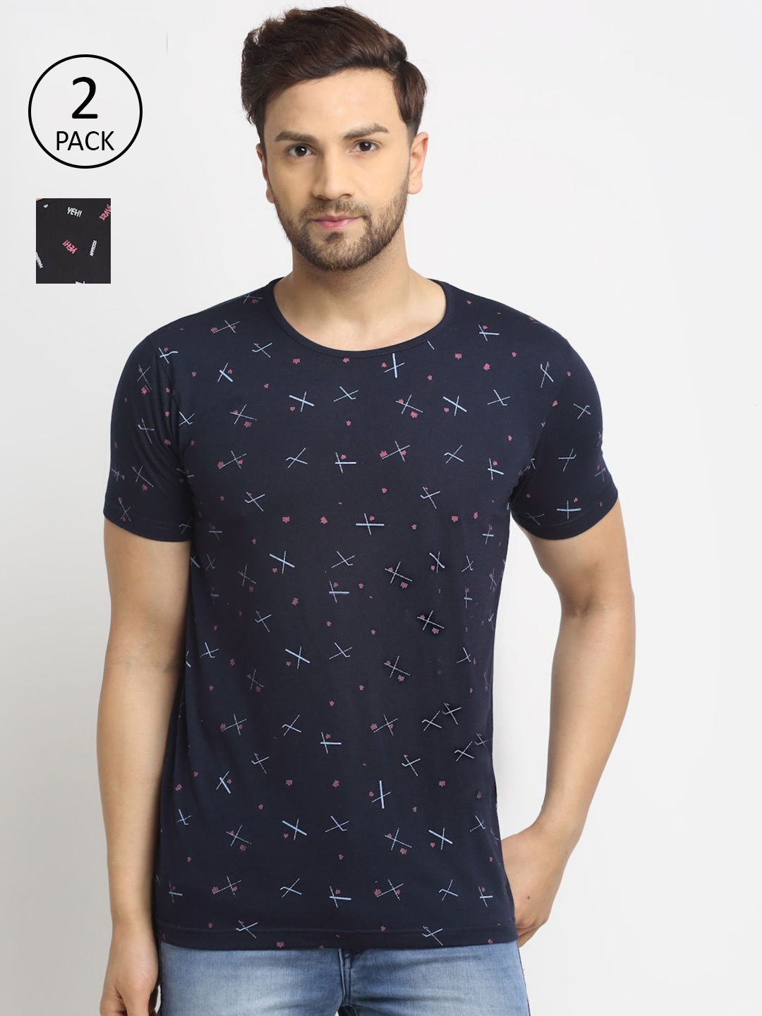 

MACK JONNEY Men Navy Blue & Black Pack Of 2 Printed T-shirt
