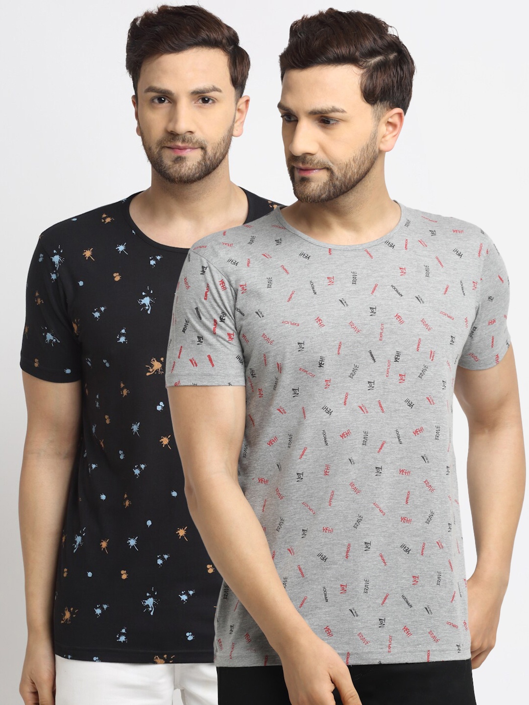 MACK JONNEY Men Grey & Black Set Of 2 Printed T-shirt