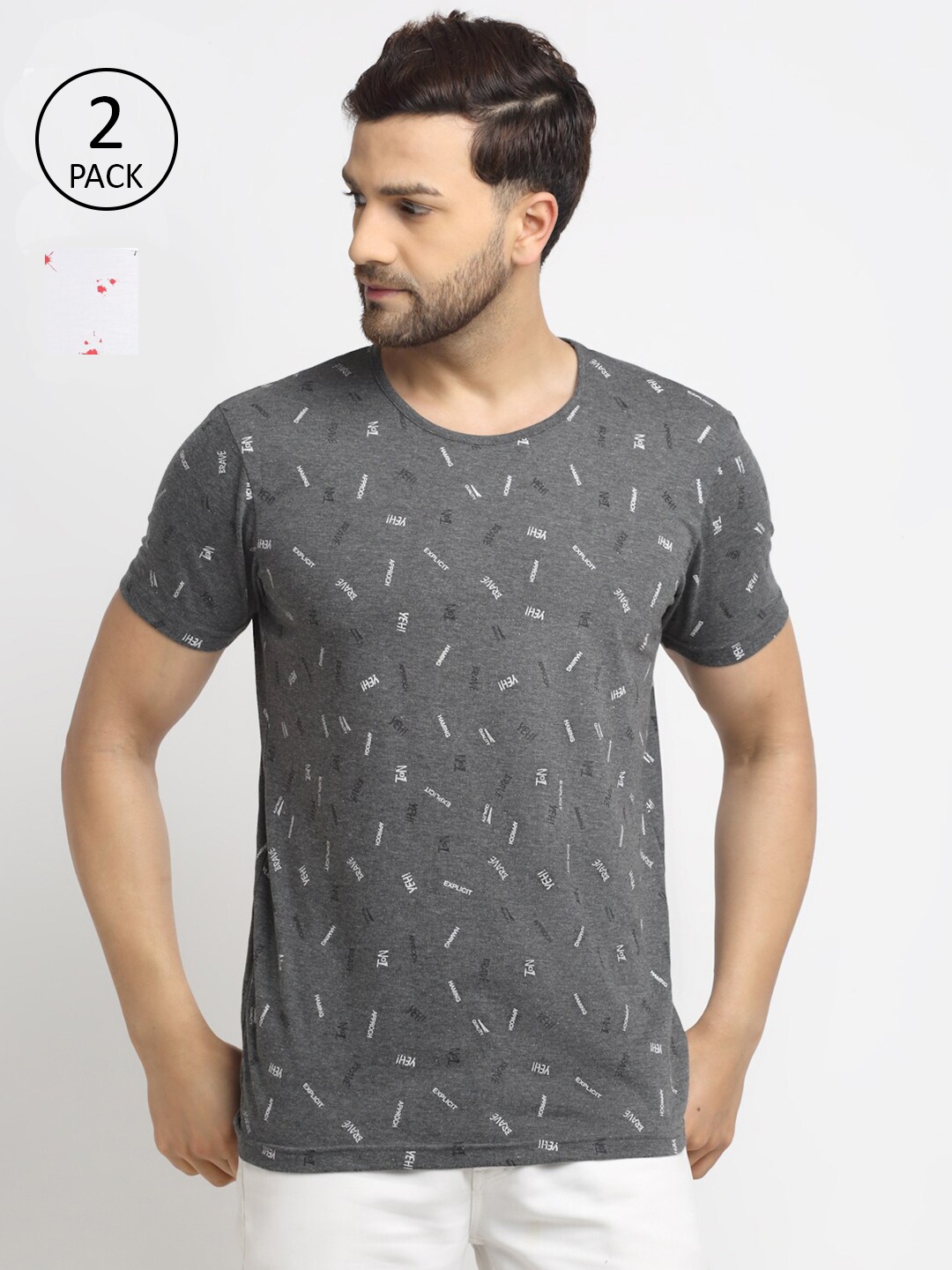 

MACK JONNEY Men Grey & White Pack Of 2 Printed T-shirt