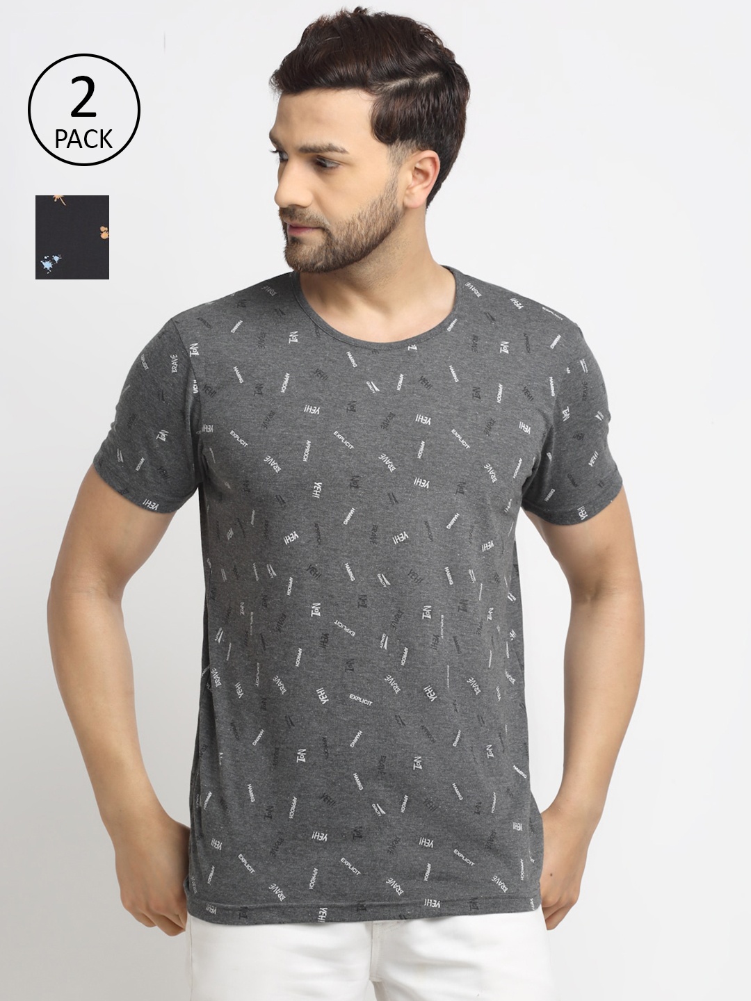 

VIMAL JONNEY Men Grey & Black Set Of 2 Printed T-shirt