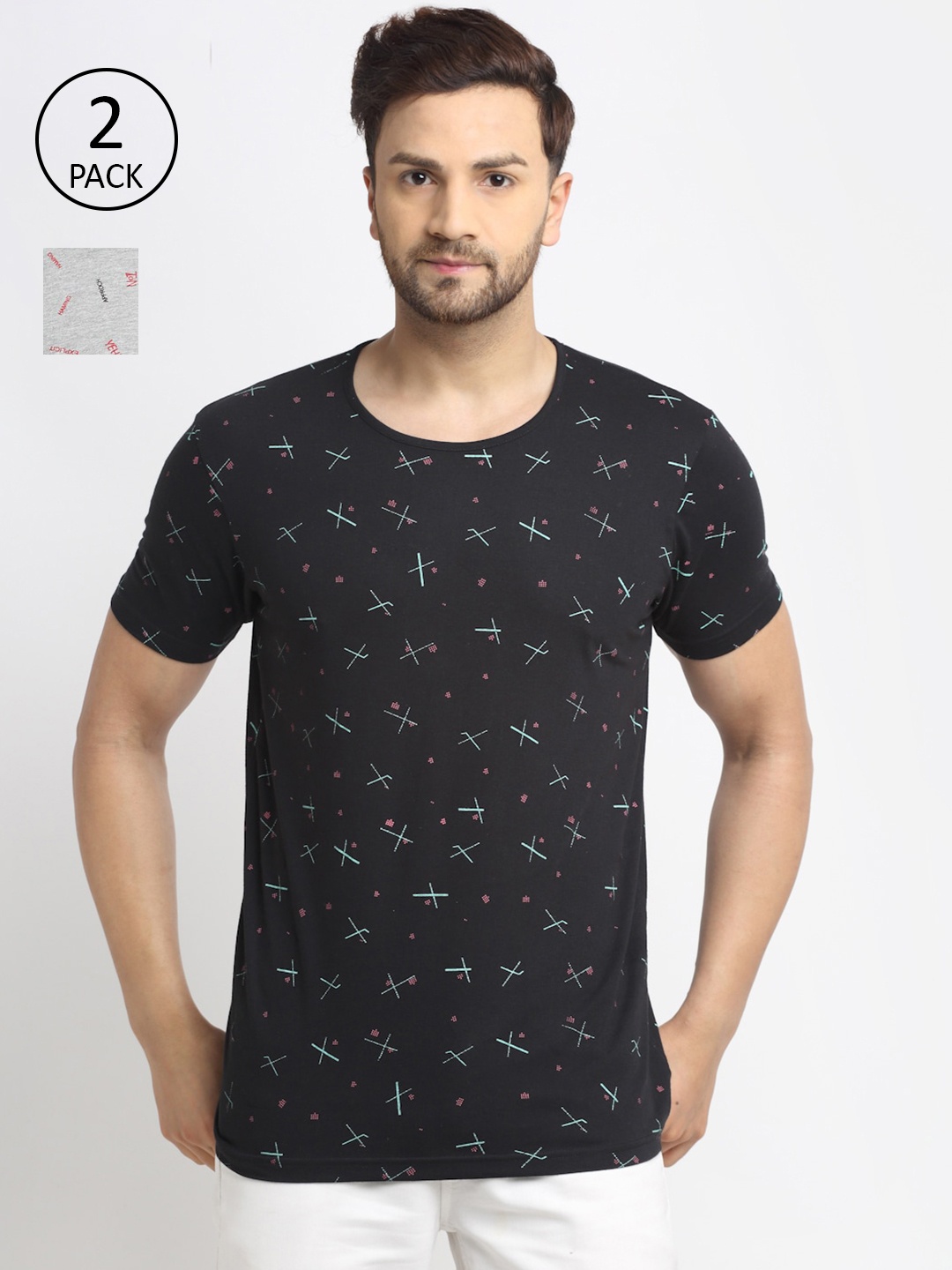 

MACK JONNEY Men Black & Grey Set Of 2 Printed T-shirt
