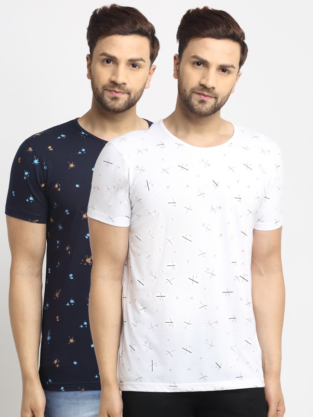 

VIMAL JONNEY Men White & Navy Blue Pack Of 2 Printed T-shirt