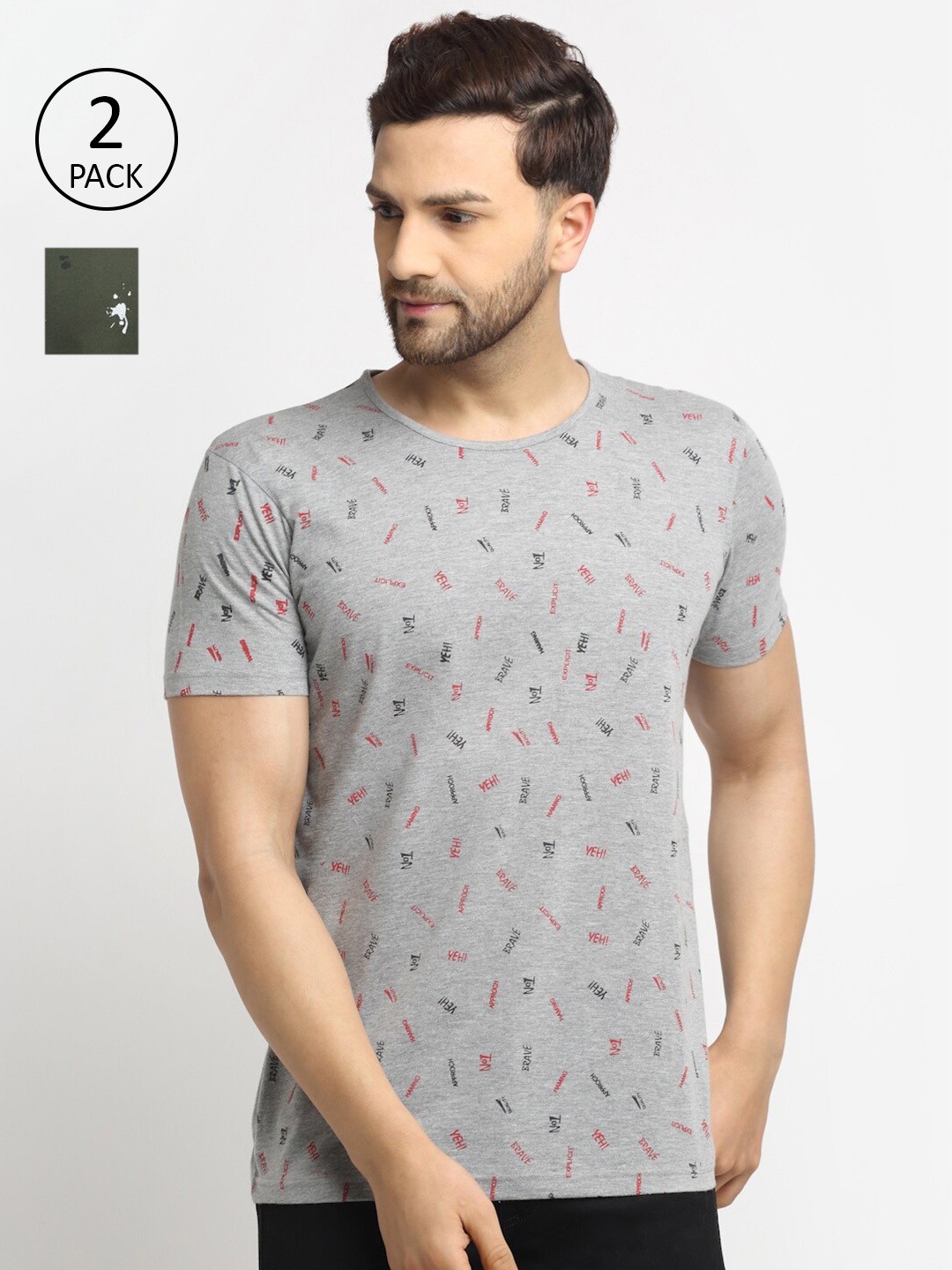 MACK JONNEY Men Set Of 2 Grey & Olive Green Typography Printed T-shirt
