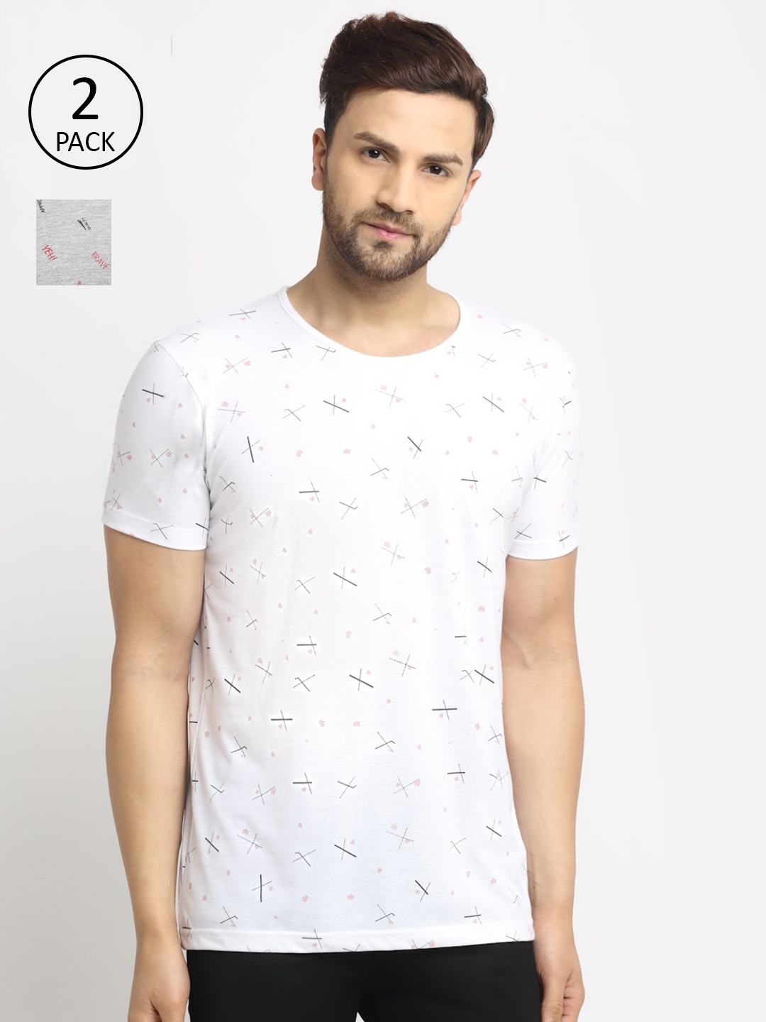 

MACK JONNEY Men White & Grey Melange Pack Of 2 Printed T-shirt