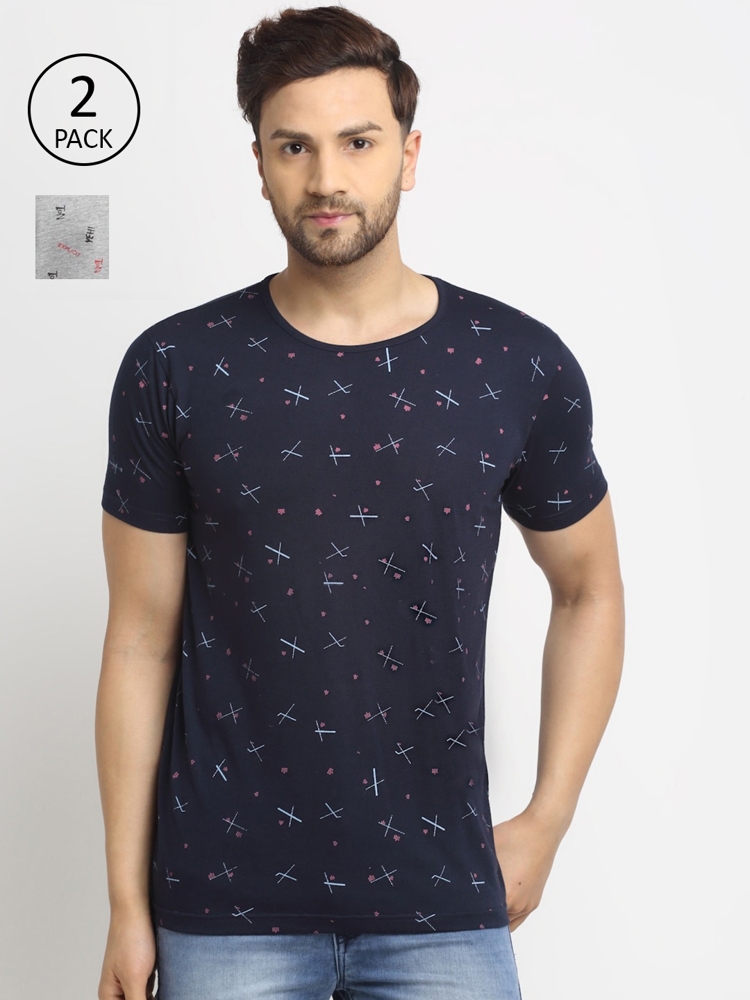 

VIMAL JONNEY Men Navy Blue & Grey Melange Pack Of 2 Printed T-shirt