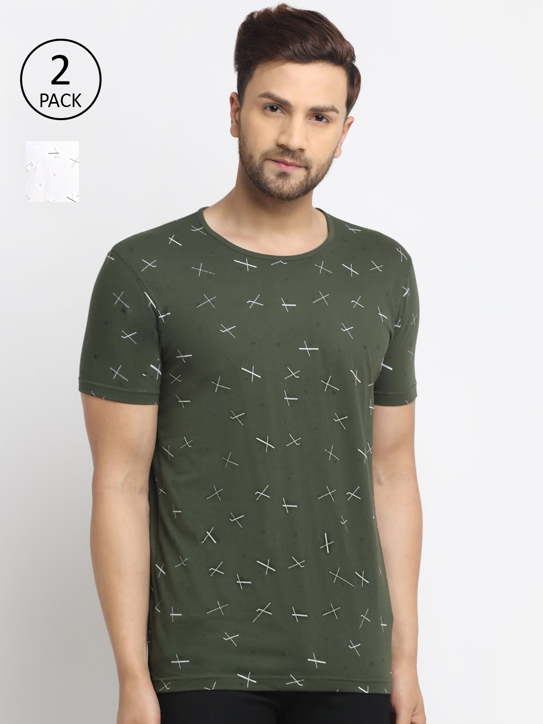 

MACK JONNEY Men Pack Of 2 Olive Green & White Printed T-shirt