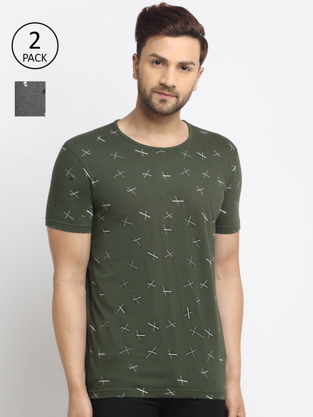 

VIMAL JONNEY Men Pack Of 2 Olive Green Printed T-shirt