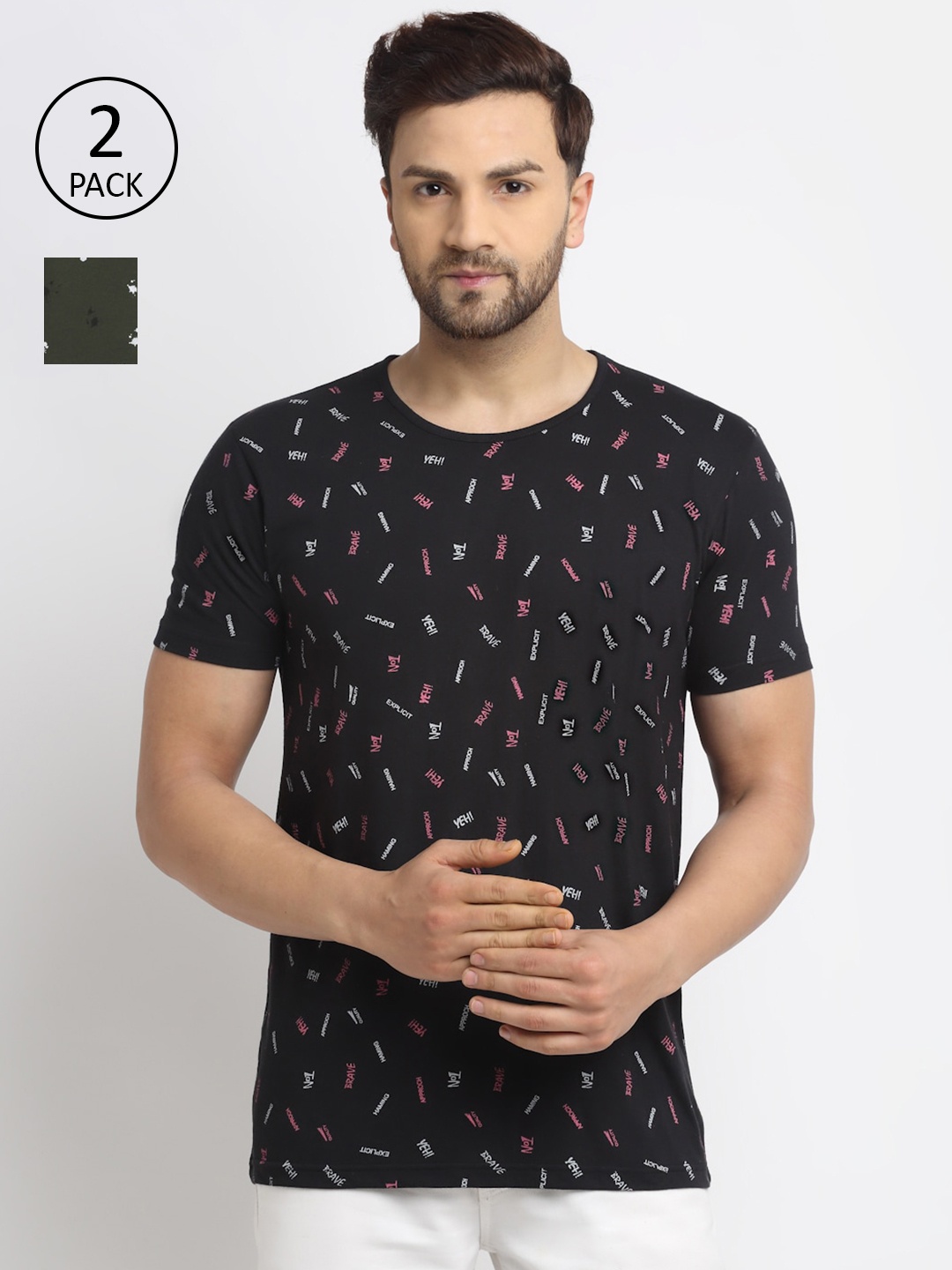 

VIMAL JONNEY Men Black & Olive Pack Of 2 Abstract Printed Cotton T-shirt