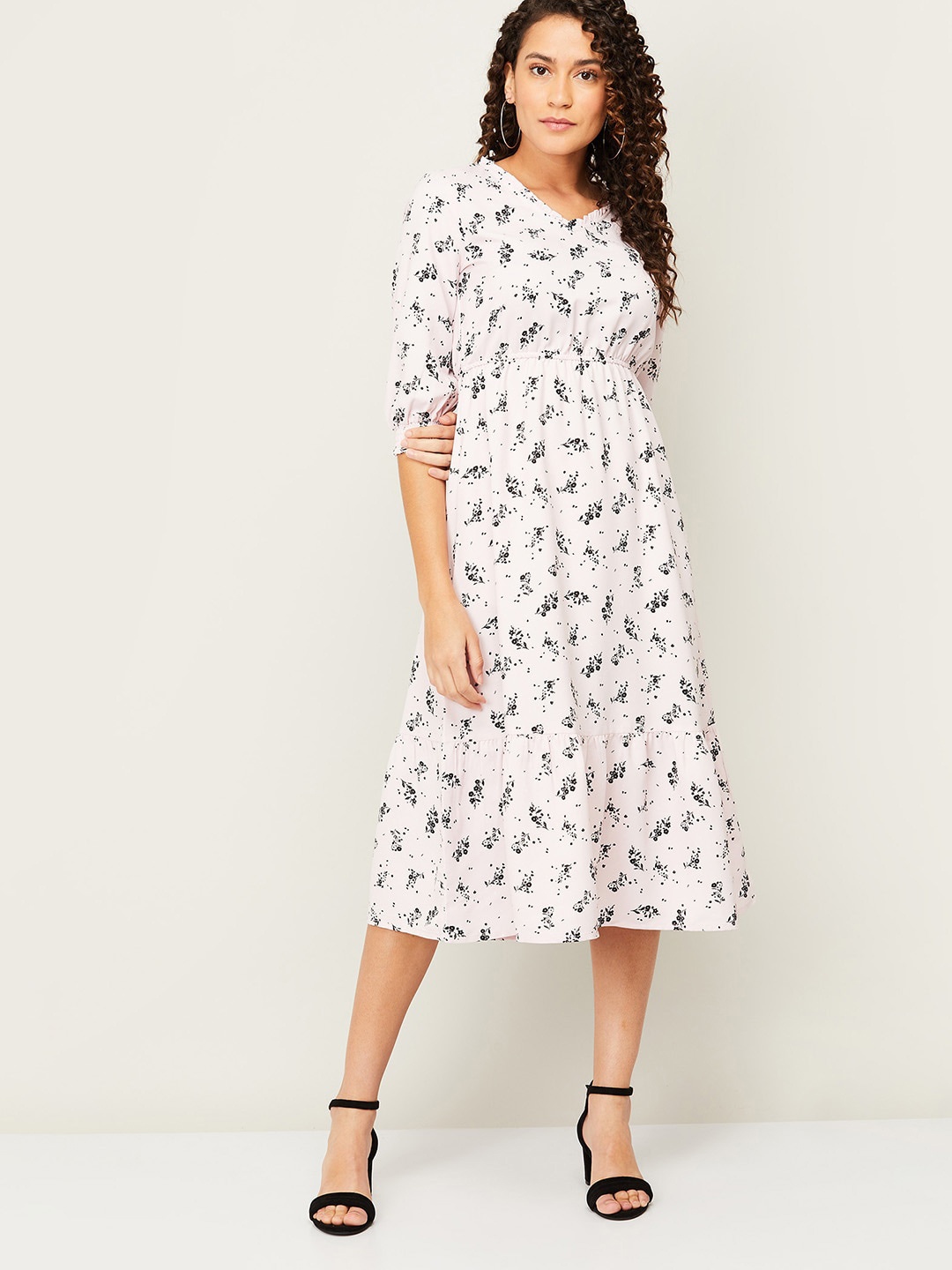 

Bossini Pink & Black Floral Printed A-Line Midi Dress