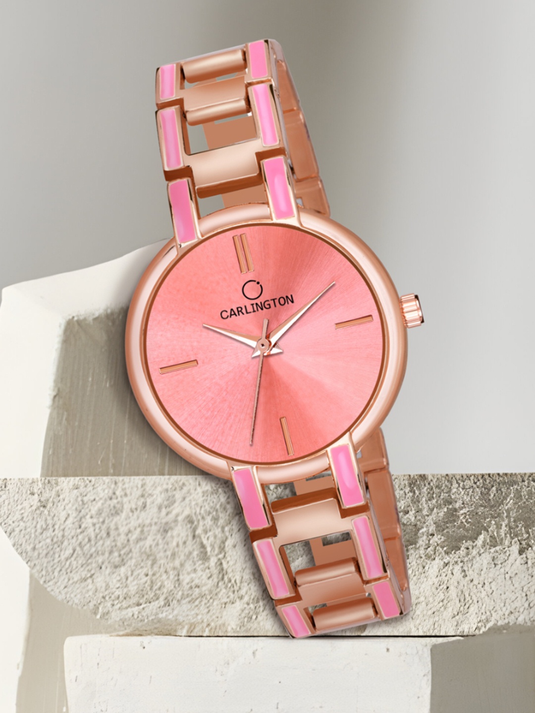 

CARLINGTON Women Pink Dial & Rose Gold Toned Stainless Steel Bracelet Style Straps Analogue Watch