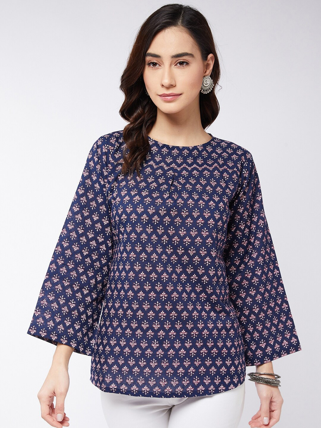 

InWeave Navy Blue Ethnic Motifs Printed Pure Cotton Top
