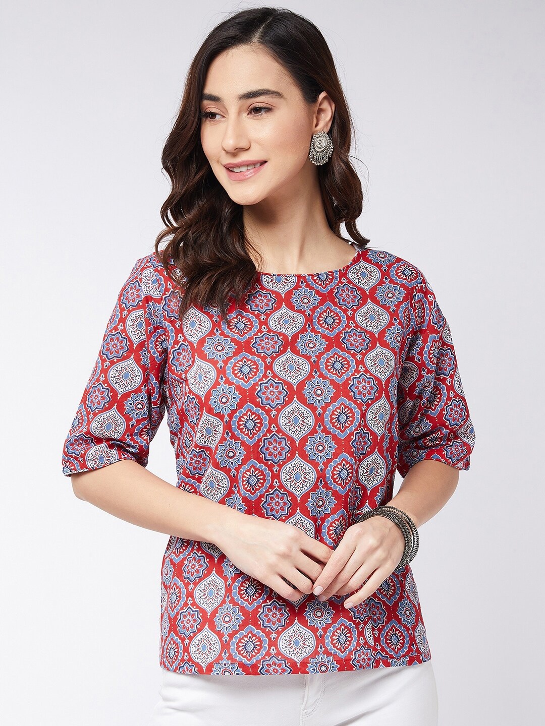 

InWeave Red Cotton Ethnic Motifs Printed Regular Top