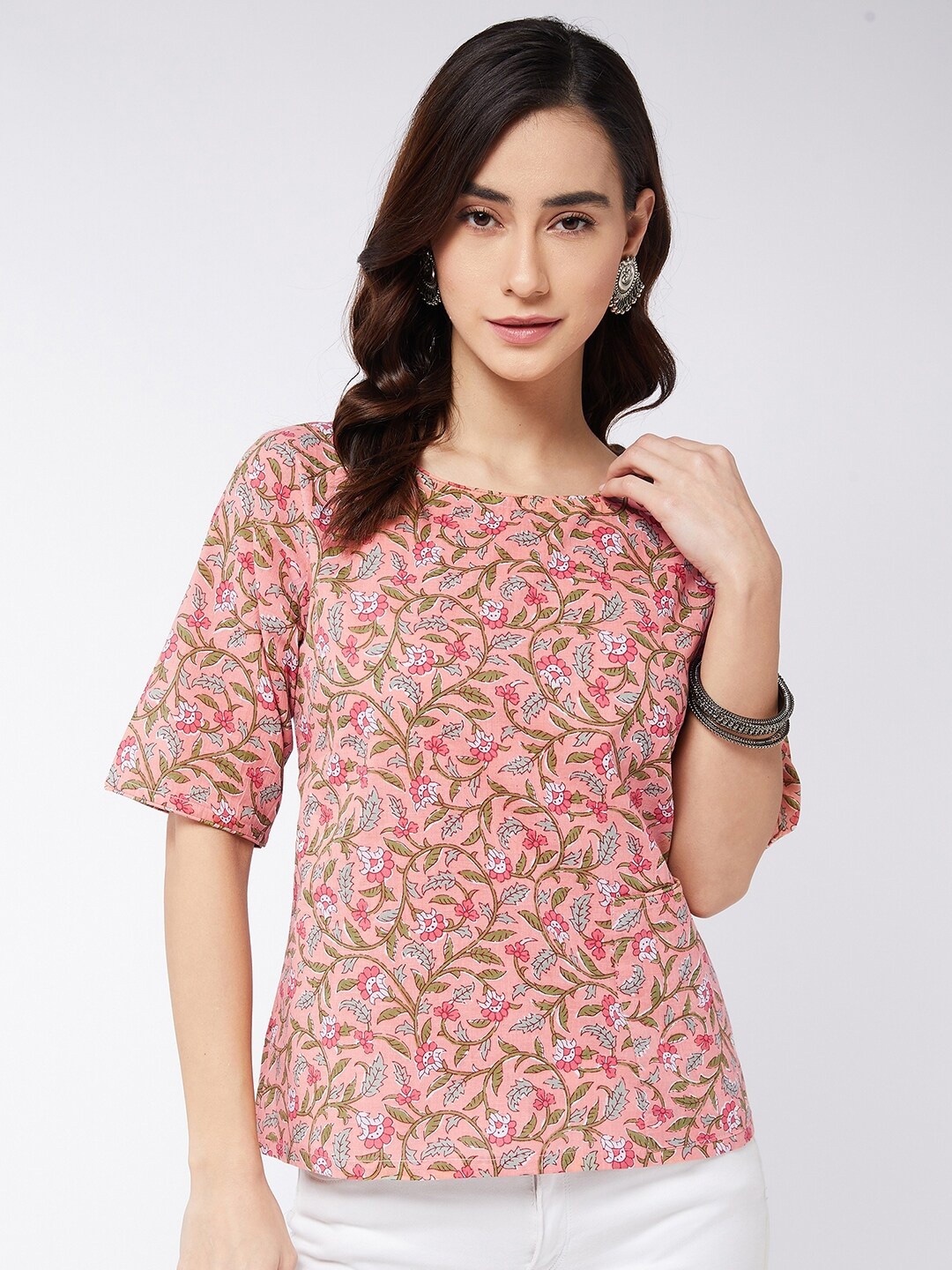 

InWeave Peach-Coloured Floral Kalamkari Print Pure Cotton Top