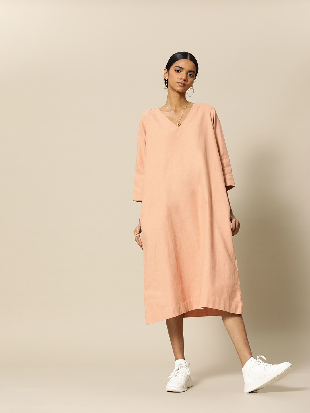 

BOWER Peach-Coloured Solid Cotton Linen A-Line Dress with pockets