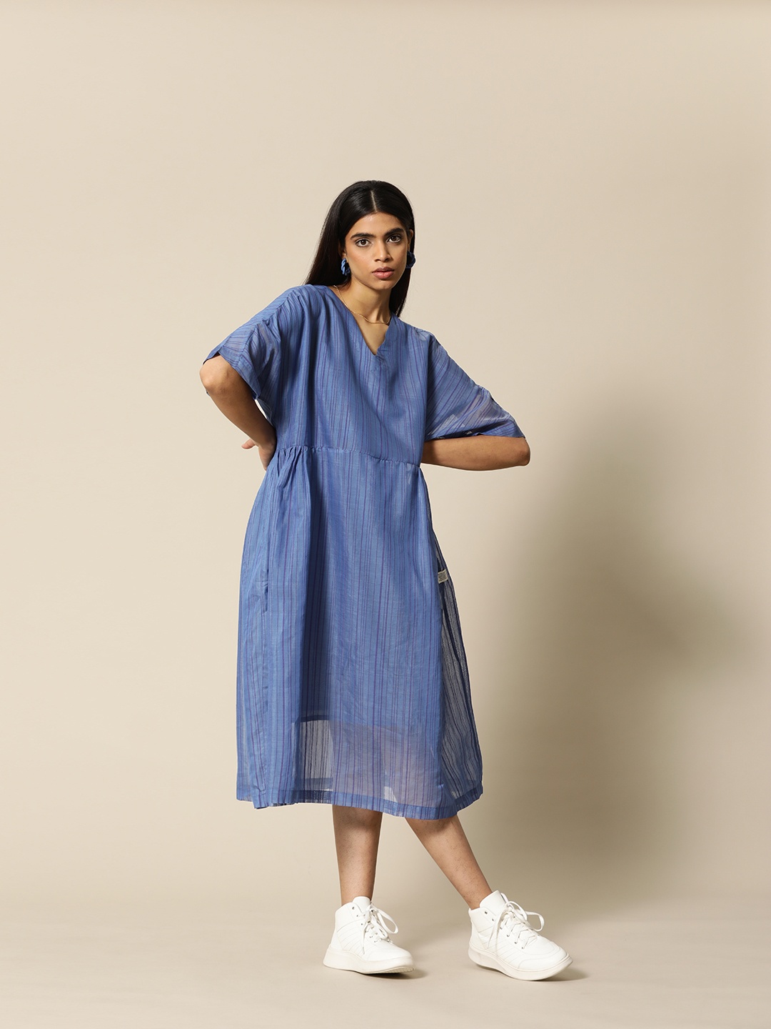 

BOWER Women Blue Striped A-Line Midi Dress with pockets