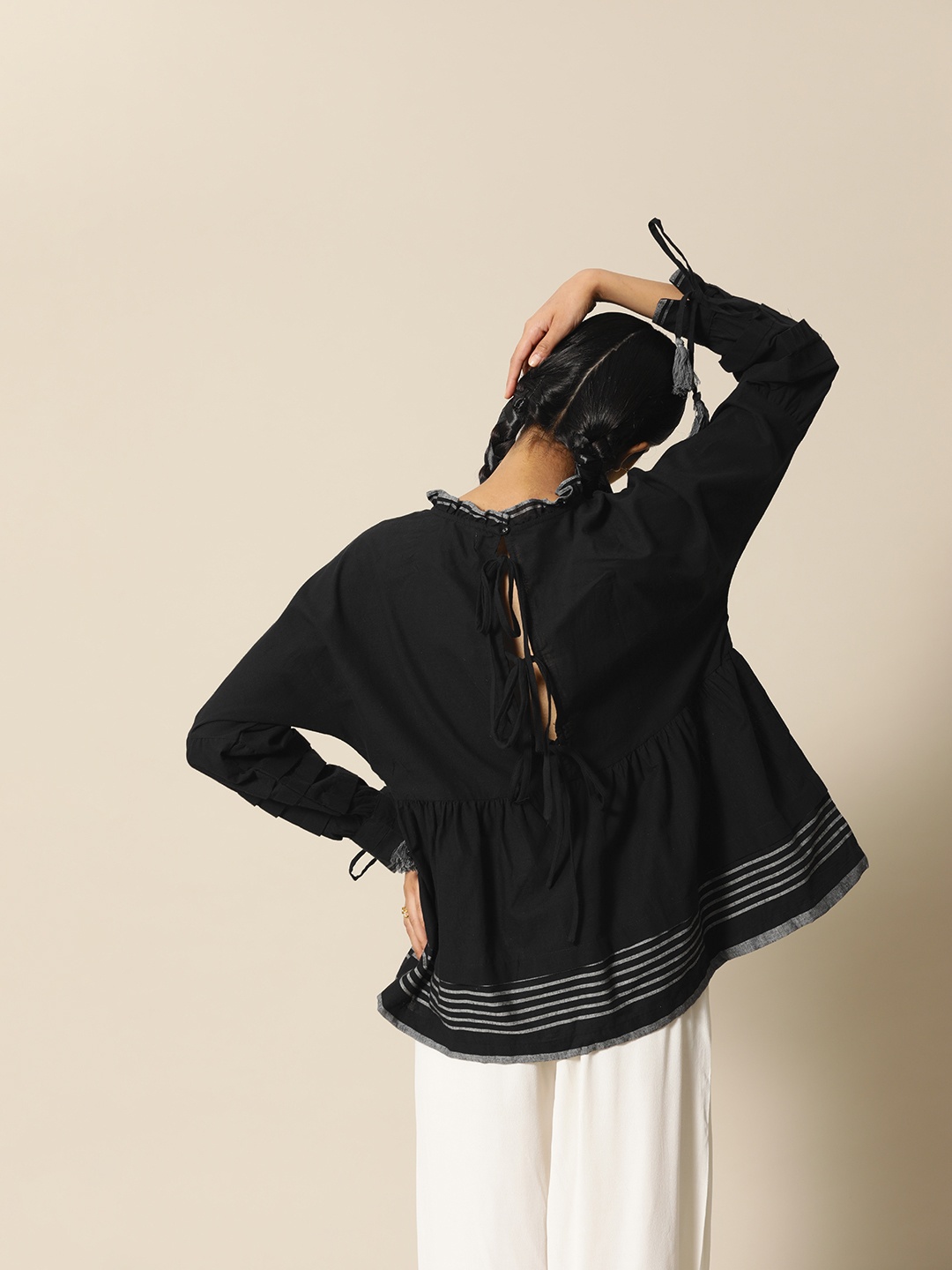 

BOWER Black Woven stripe Pure Cotton Extended Sleeves Longline Top with Tassels