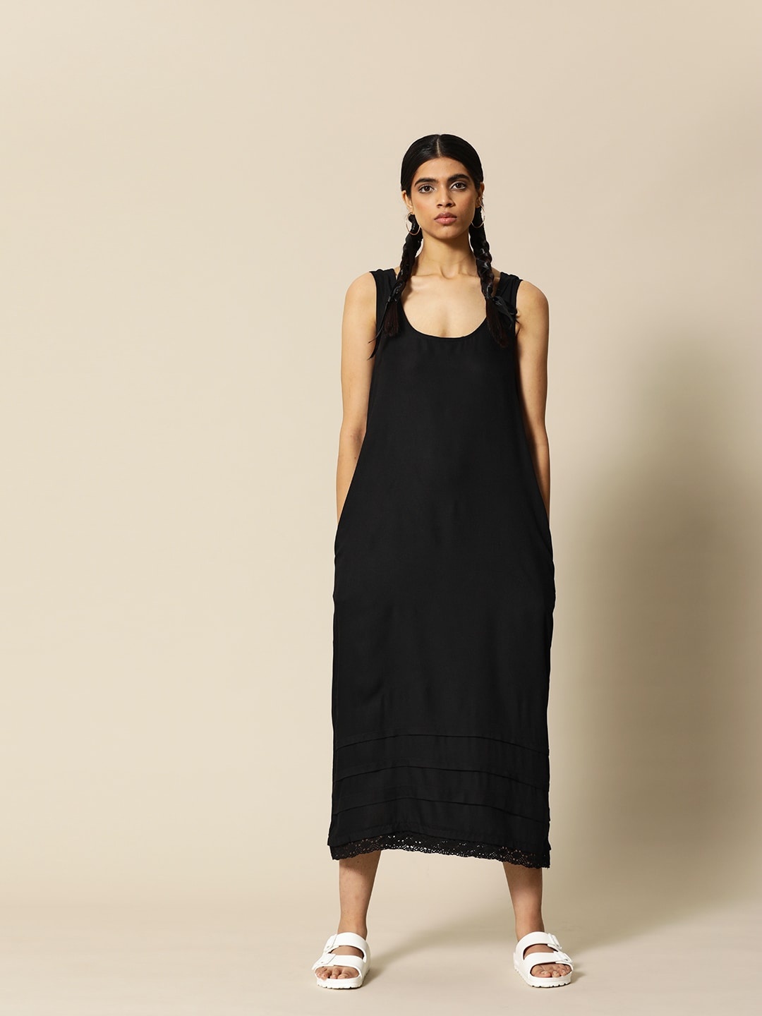 

BOWER Women Black A-Line Pleated Lace Sustainable Ecovero Dress with Pockets