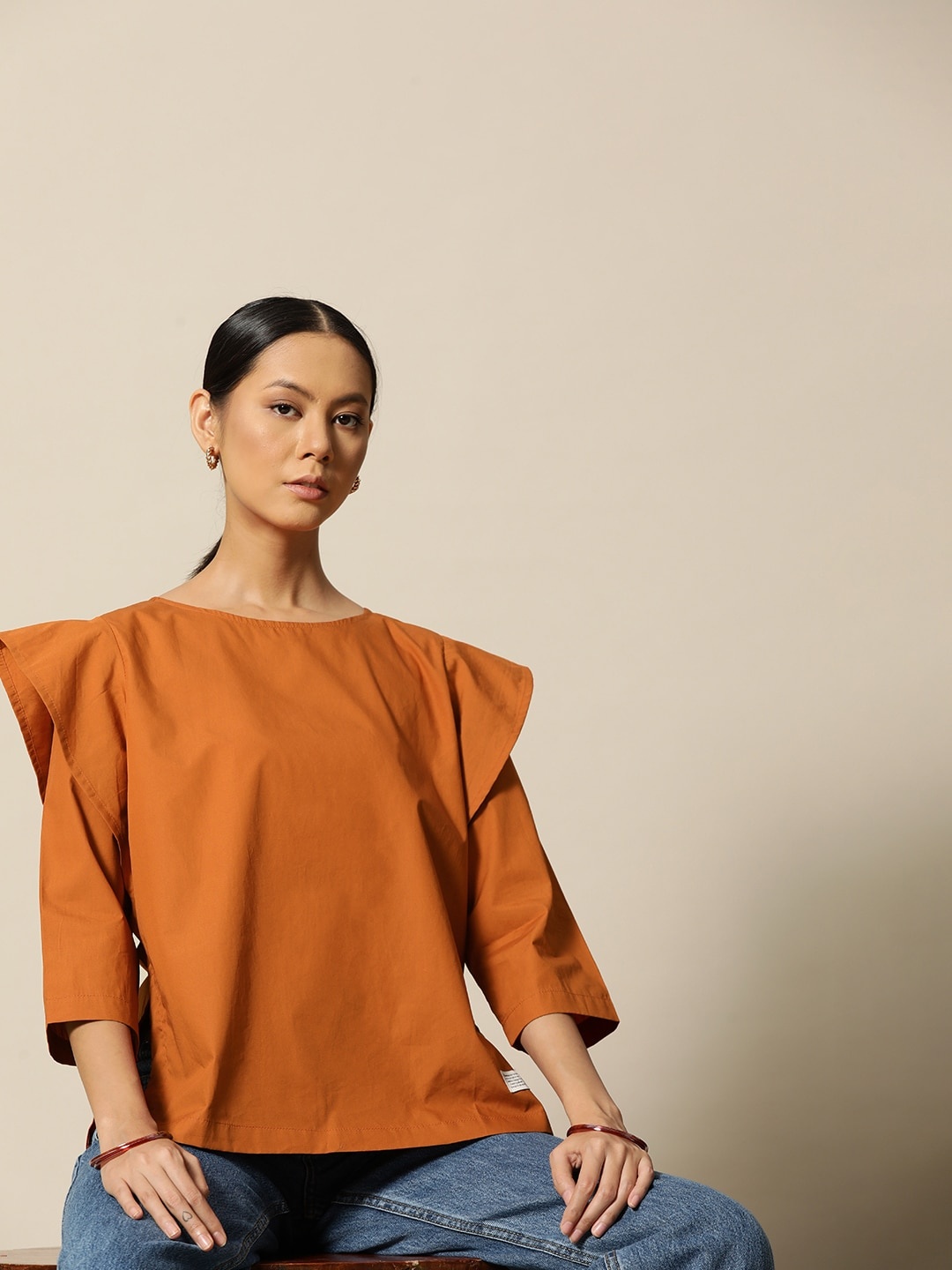 

BOWER Rust Orange Pure Cotton Ruffled Top