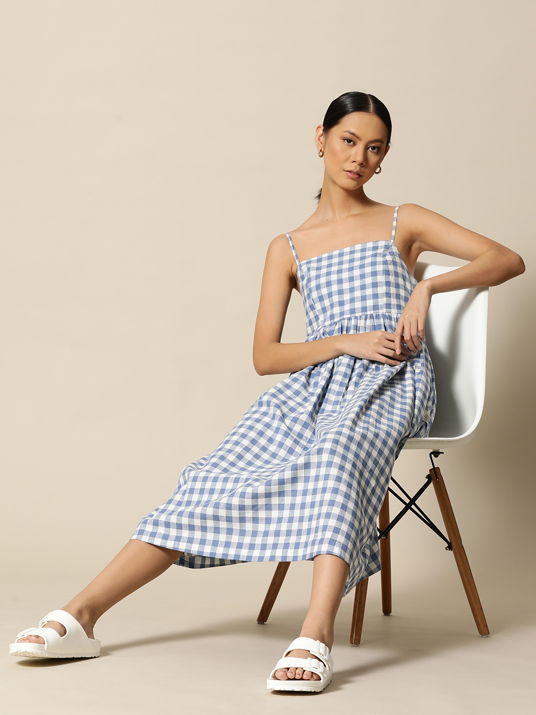 

BOWER Blue & White Checked Linen Cotton A-Line Midi Dress