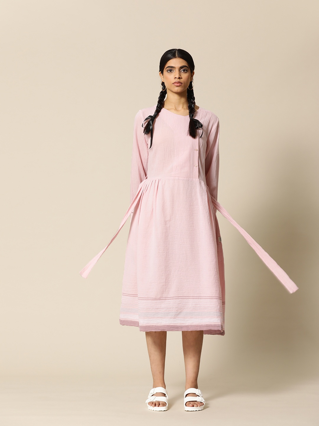 

BOWER Pink Pure Woven Cotton Striped Detail A-Line Midi Dress with Belt