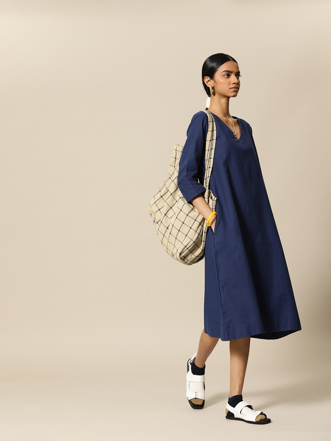 

BOWER Navy Blue Solid Cotton Linen A-Line Dress with pockets