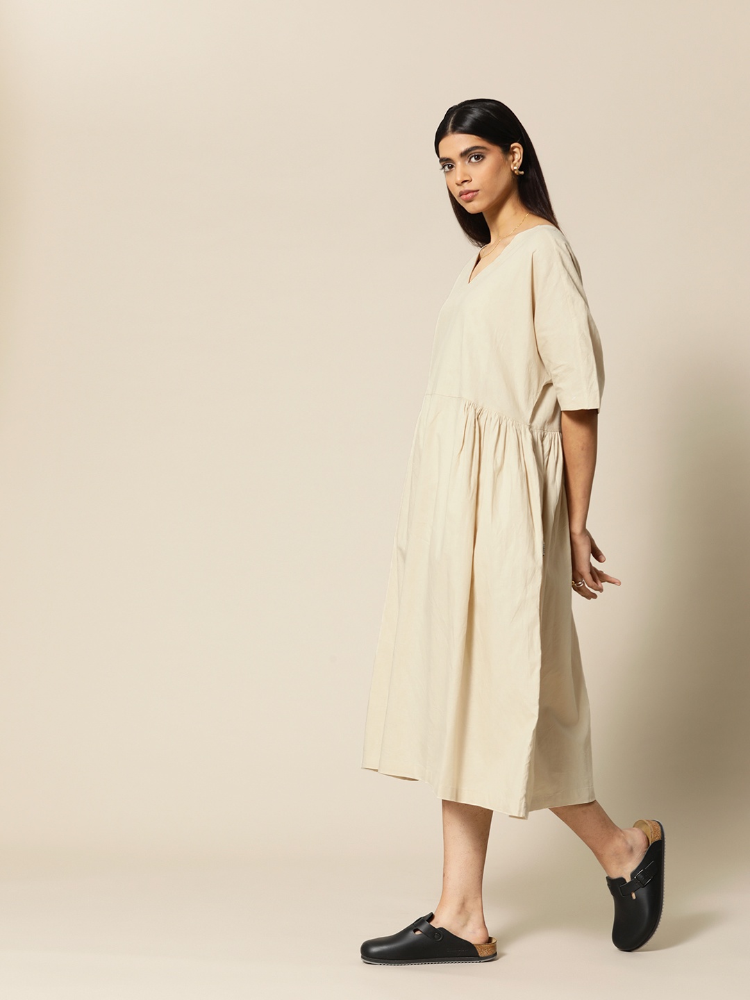 

BOWER Women Off White A-Line Cotton Linen Midi Dress with pockets