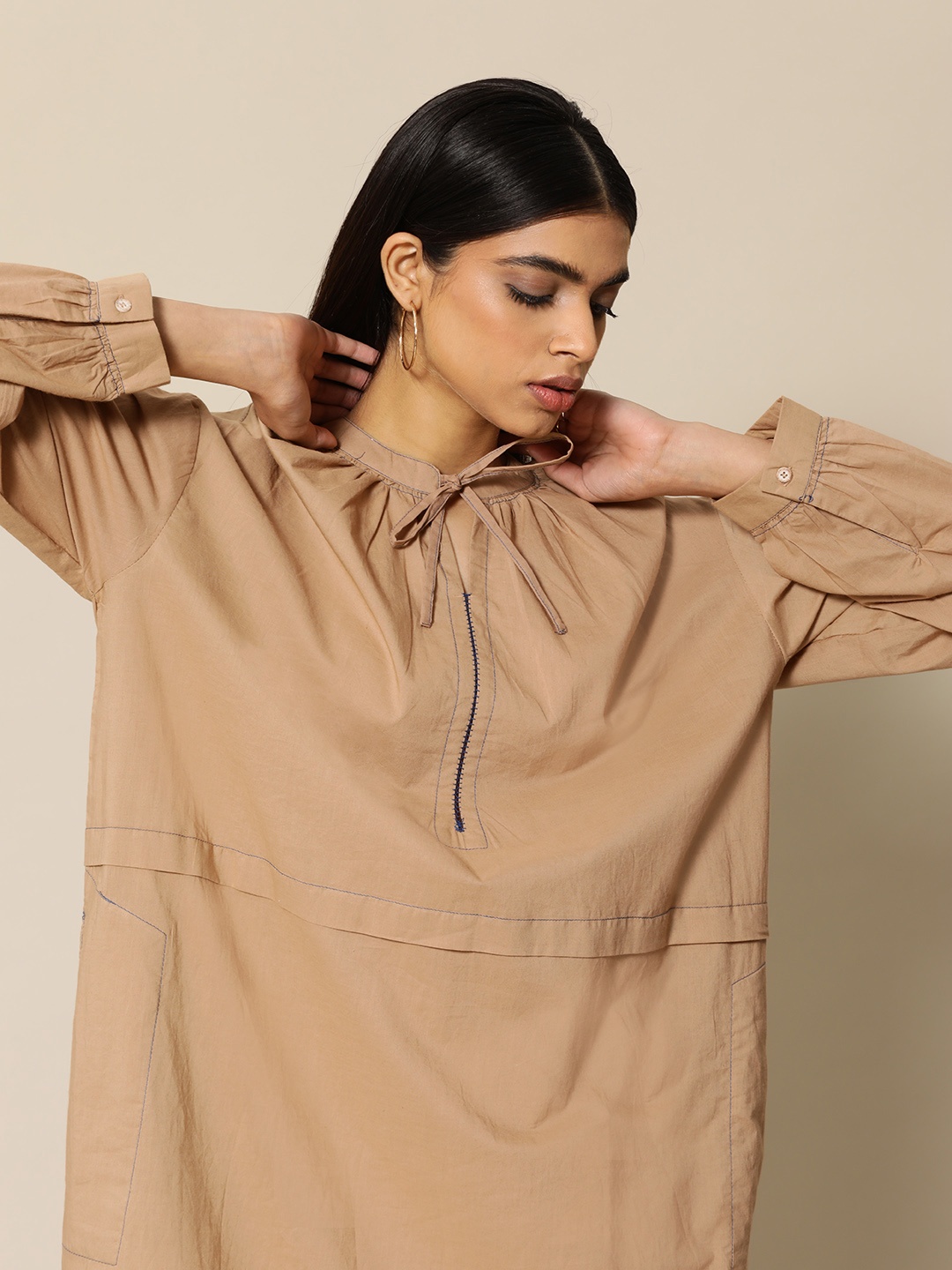 

BOWER Brown Pure Cotton Tie-Up Neck A-Line Midi Dress with Stitch Detail