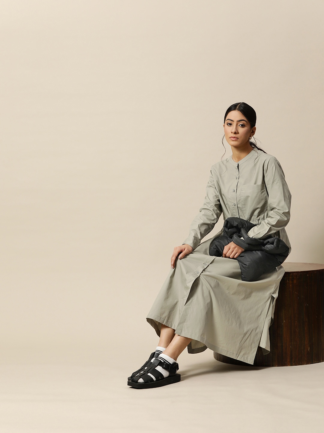 

BOWER Olive Pure Cotton A-Line Midi Dress with Pockets & Adjustable Drawstring