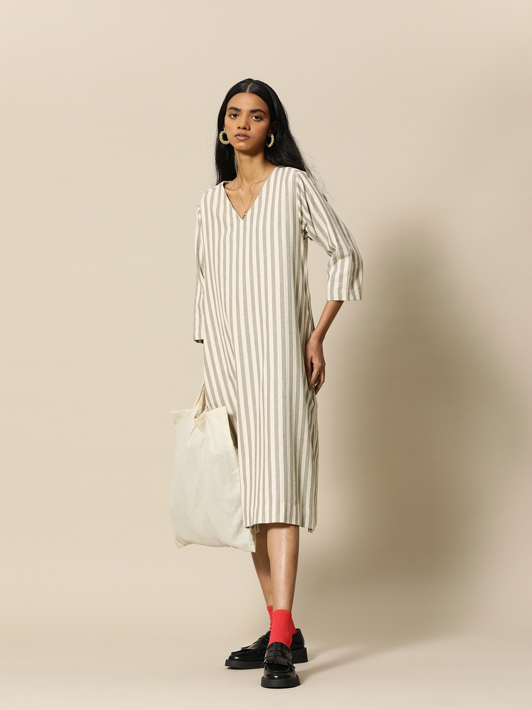 

BOWER Green & Off White Striped A-Line Dress with pockets