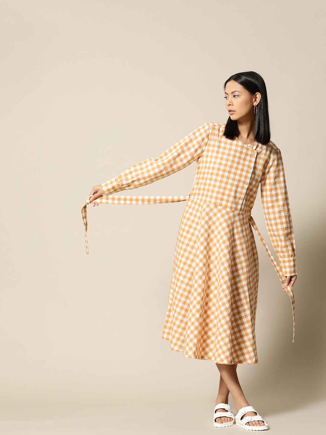 

BOWER Rust Brown & Off-White Checked Linen Cotton Midi A-Line Dress