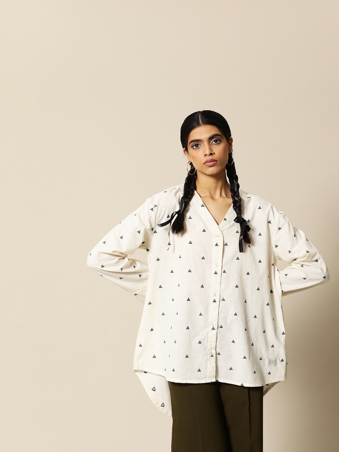 

BOWER Women Off White Pure Cotton Dobby Casual Shirt