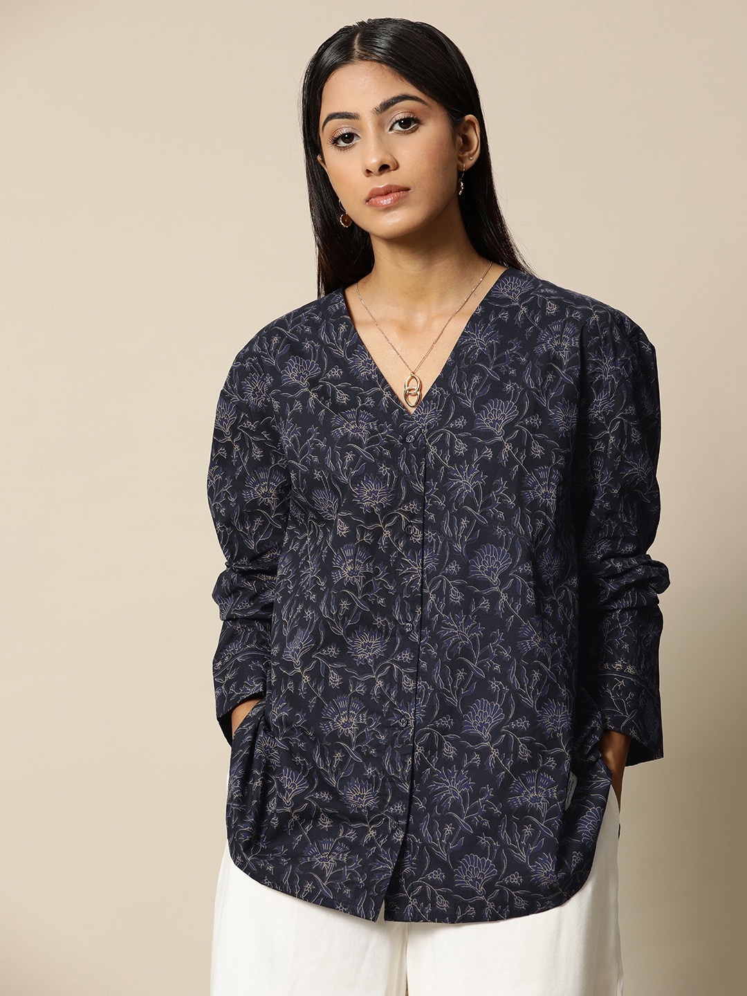 

BOWER Black & Blue Block Printed Oversized Fit High-Low Shirt