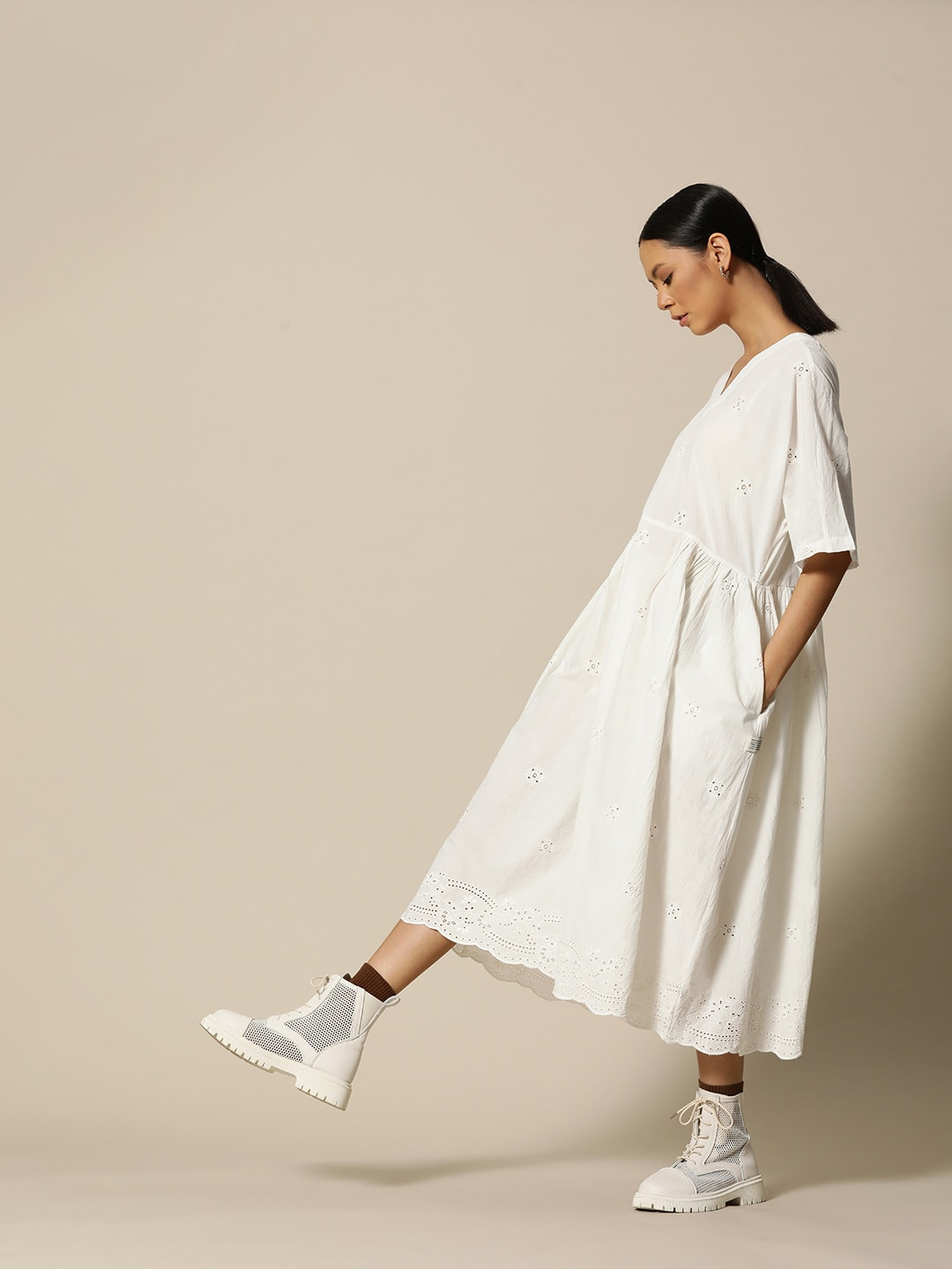

BOWER Off White Pure Cotton Schiffli Embroidered A-Line Midi Dress