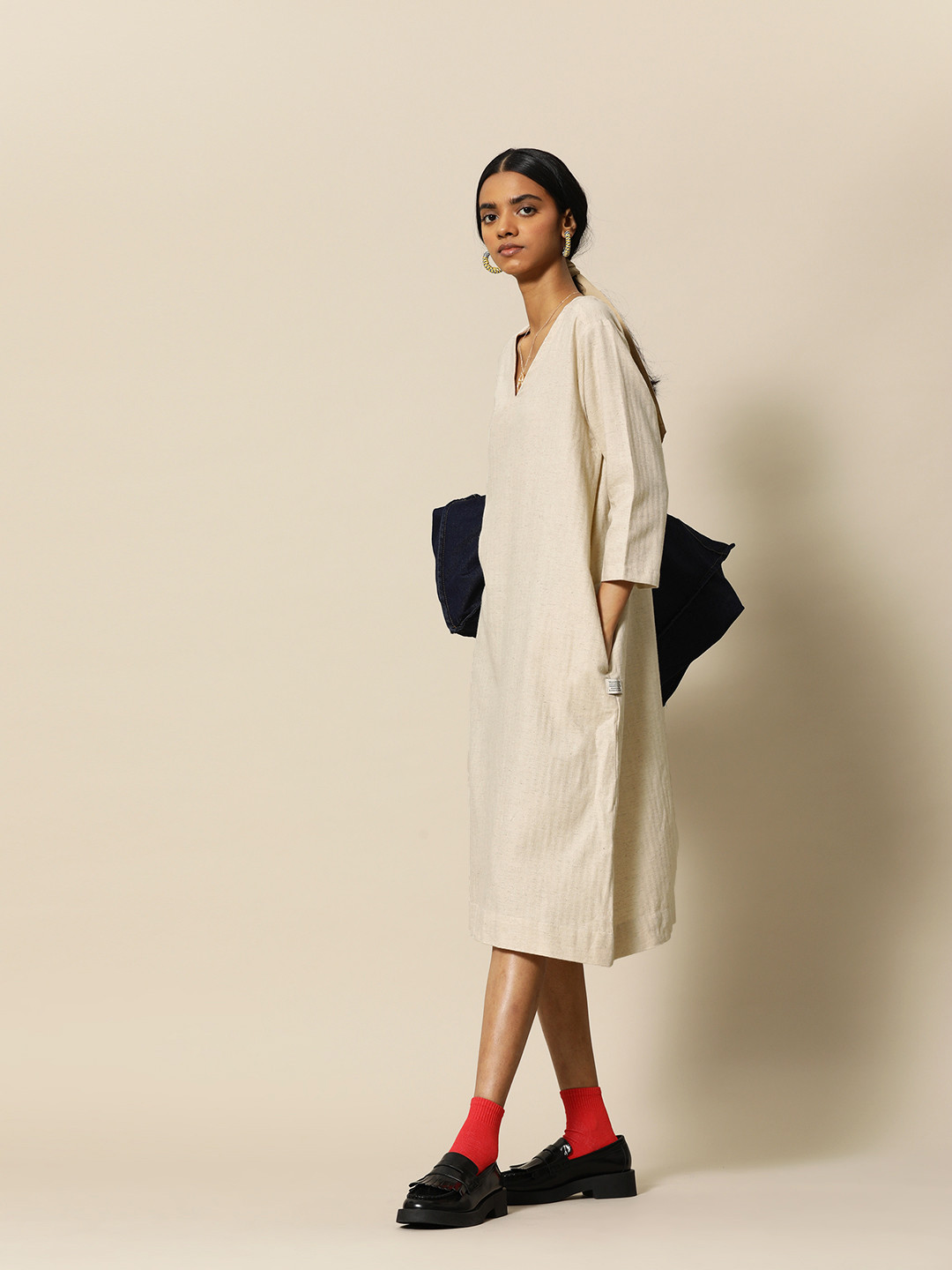 

BOWER Off White Solid Cotton Linen A-Line Dress with pockets
