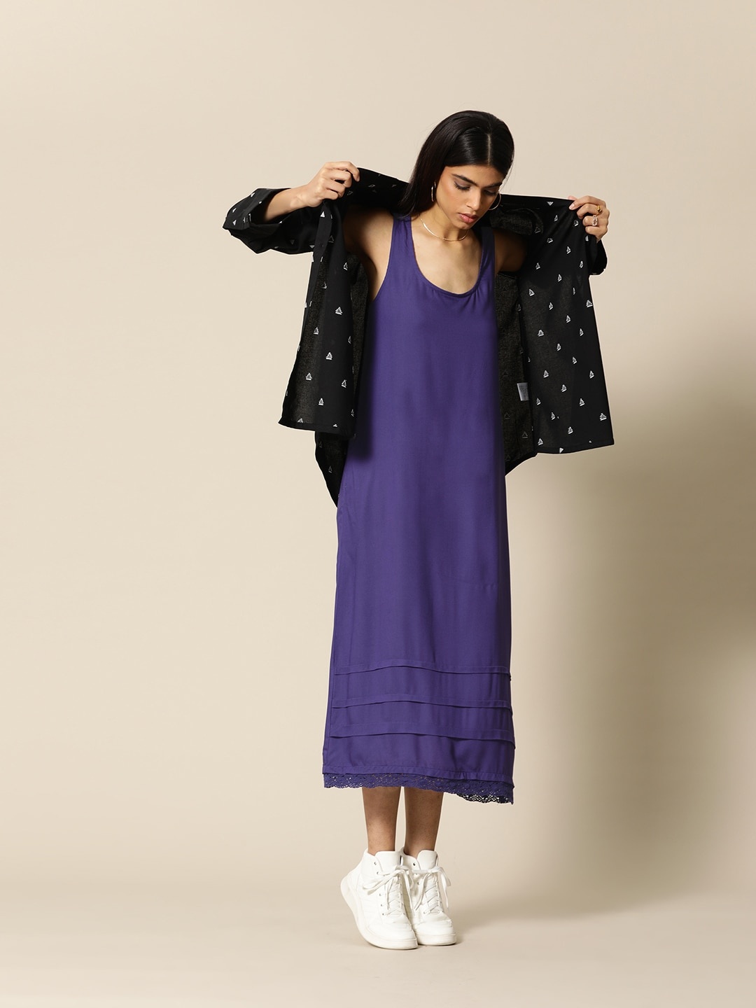 

BOWER Women Blue A-Line Pleated Sustainable Ecovero Lace Dress with Pockets
