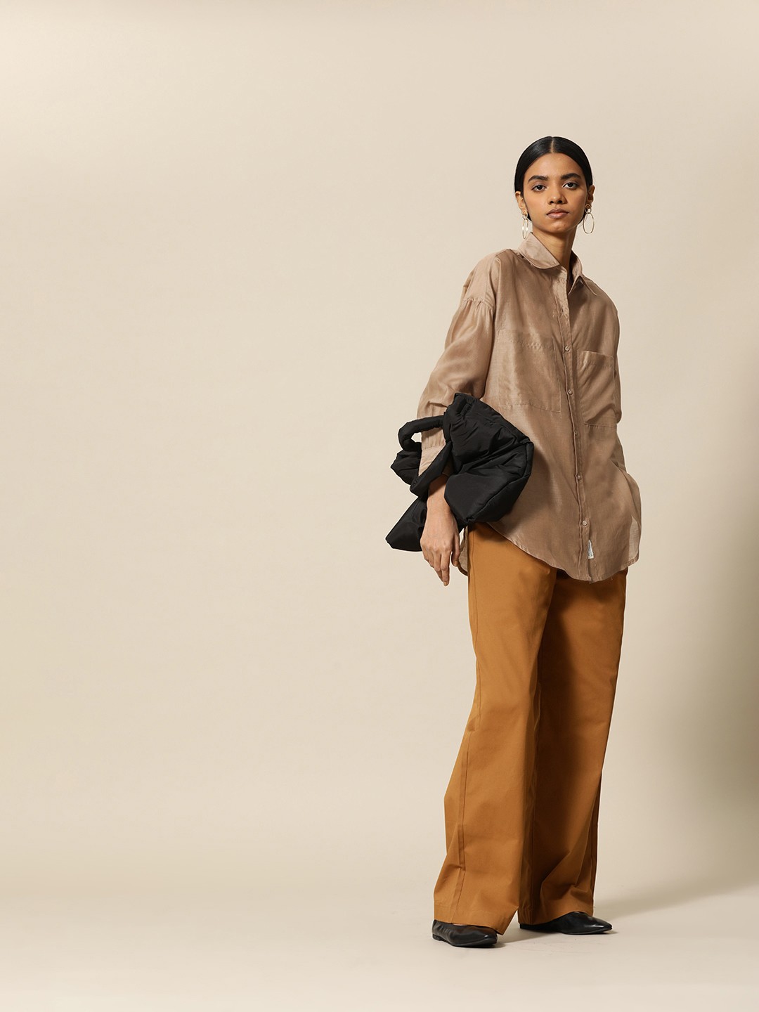 

BOWER Women Beige Chanderi Silk Casual Shirt with Pockets
