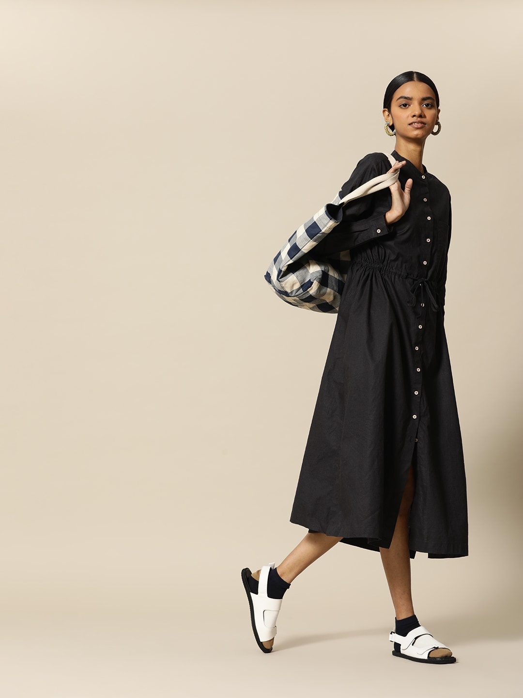 

BOWER Black Solid Linen Cotton A-Line Midi Dress with Pockets and adjustable drawstring
