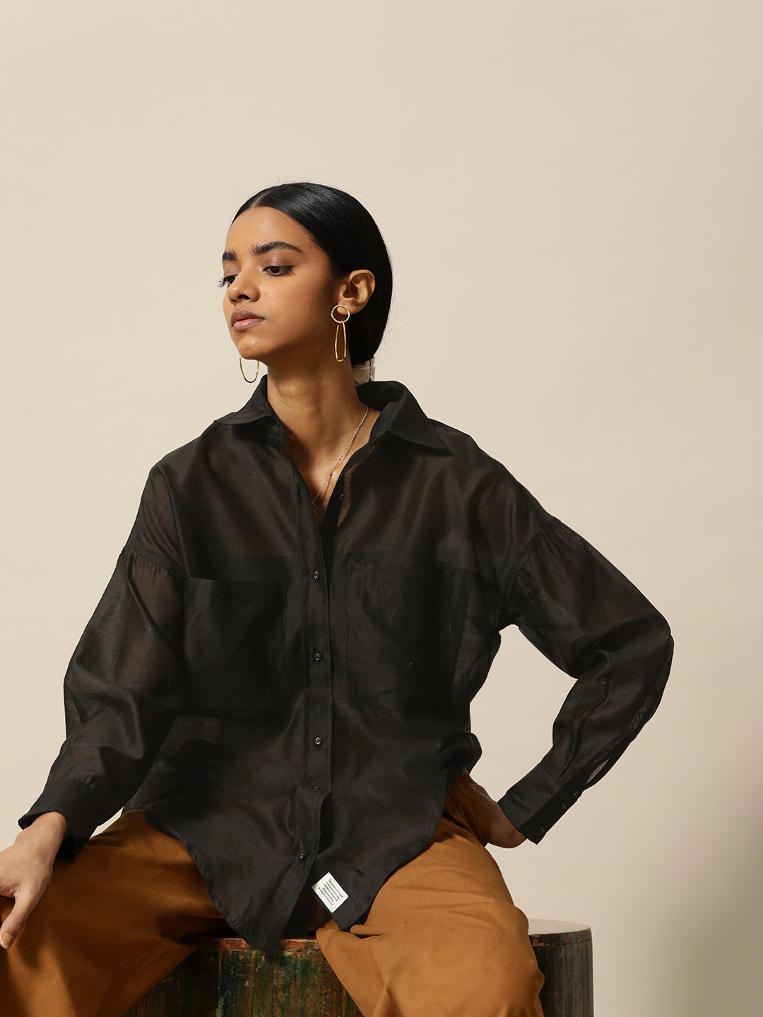

BOWER Women Black Chanderi Silk Casual Shirt with Pockets