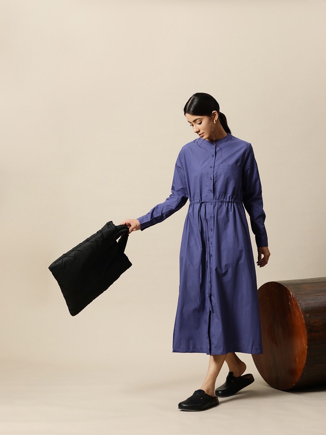 

BOWER Navy Pure Cotton A-Line Midi Dress with Pockets & Adjustable Drawstring, Navy blue