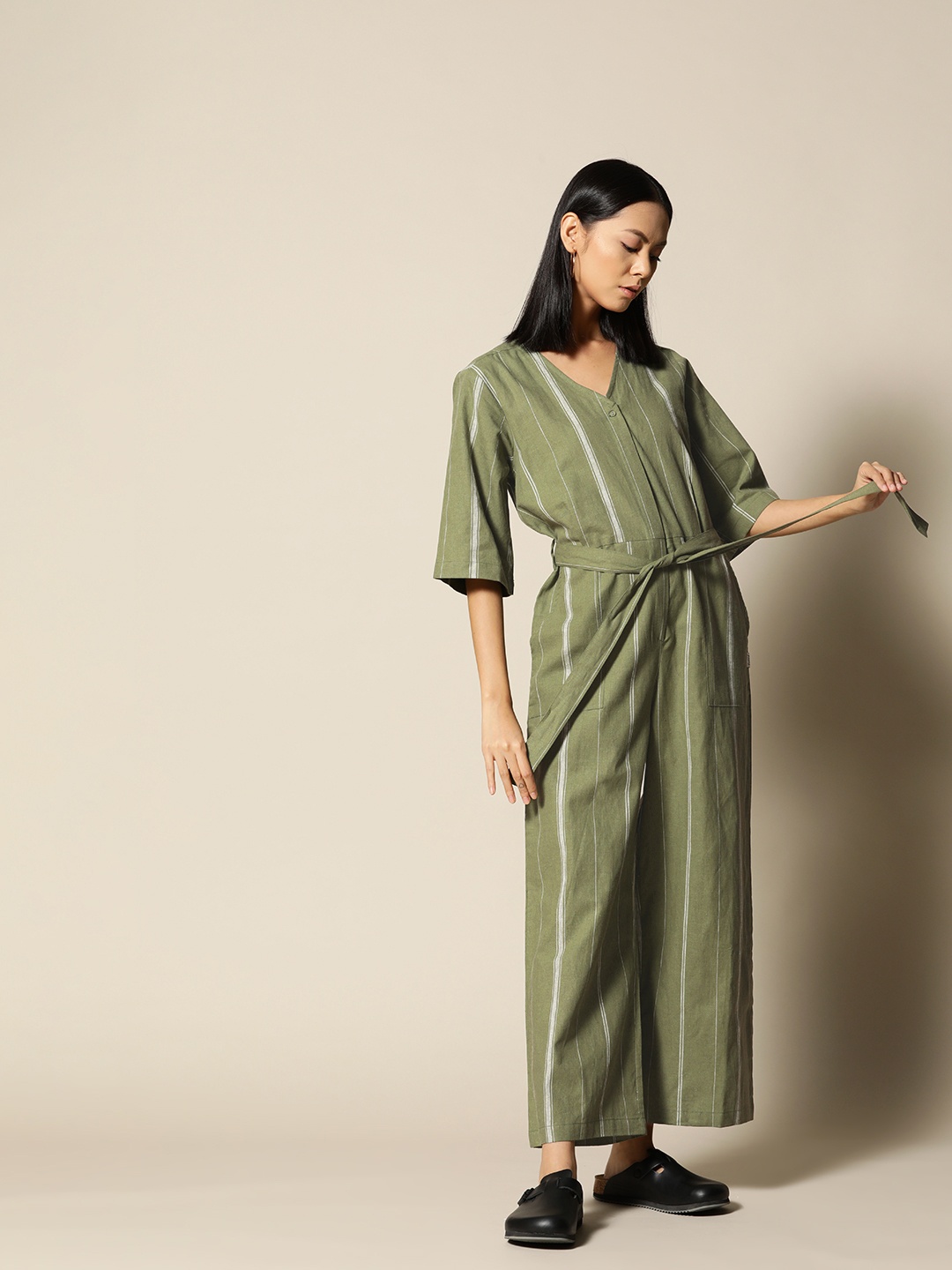

BOWER Olive Green & White Linen Cotton Striped Basic Jumpsuit with Belt