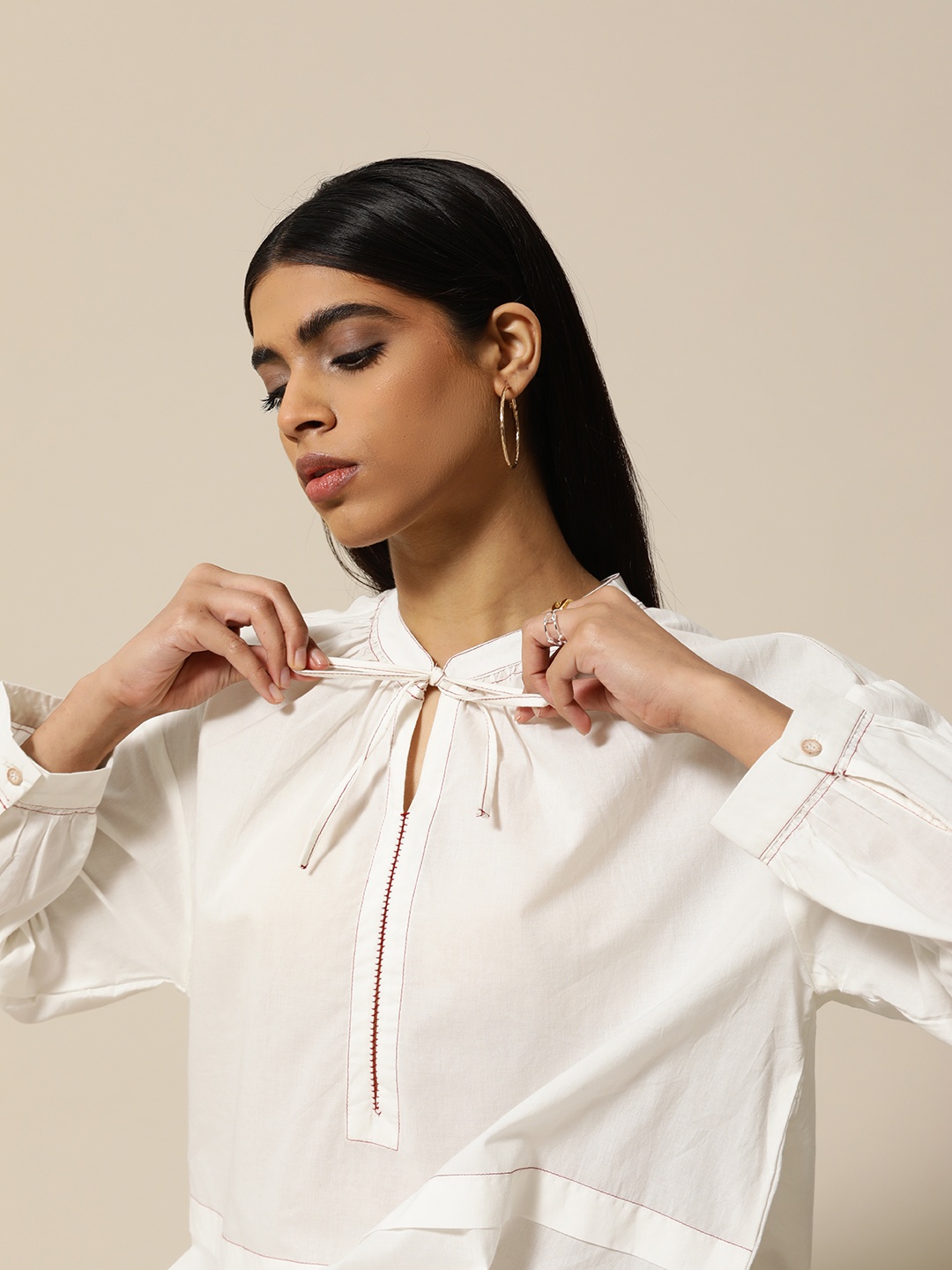

BOWER White Pure Cotton Tie-Up Neck A-Line Midi Dress with Stitch Detail