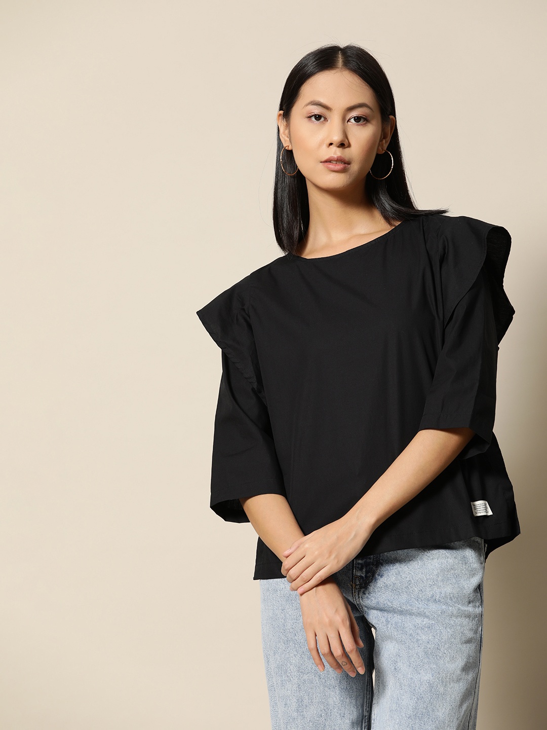 

BOWER Black Solid Pure Cotton Ruffled Top