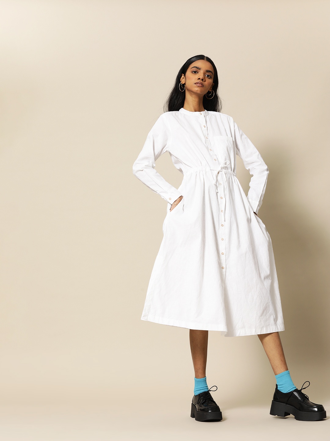 

BOWER White Linen Cotton A-Line Midi Dress with Pockets and adjustable drawstring