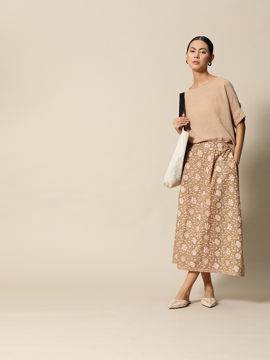 

BOWER Women Brown & Khaki Pure Cotton Top with Skirt